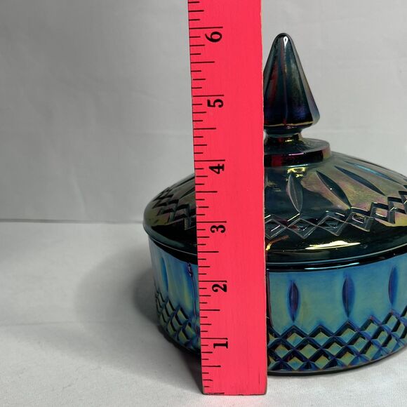Vintage Indiana Glass Princess Blue Carnival Iridescent Candy Dish With Lids - Picture 10 of 10